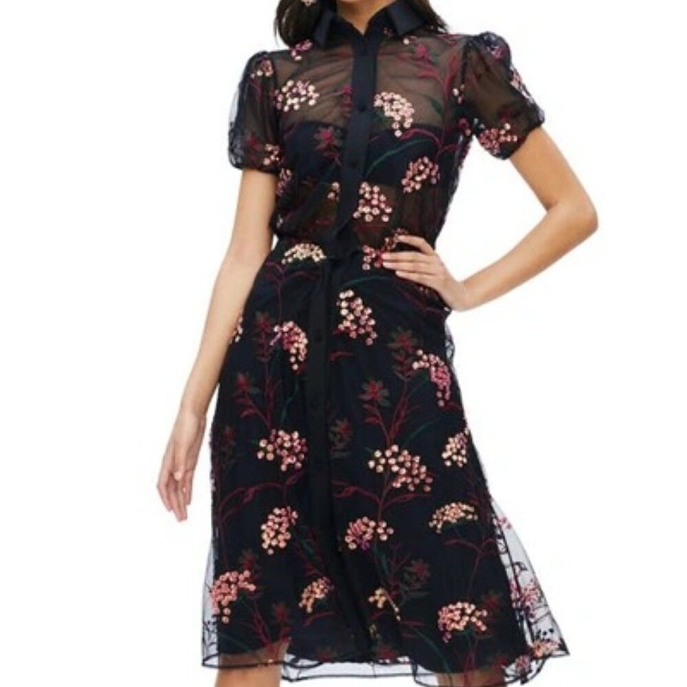 Dress the Population Black Floral Midi Dress with Pink Embroidery